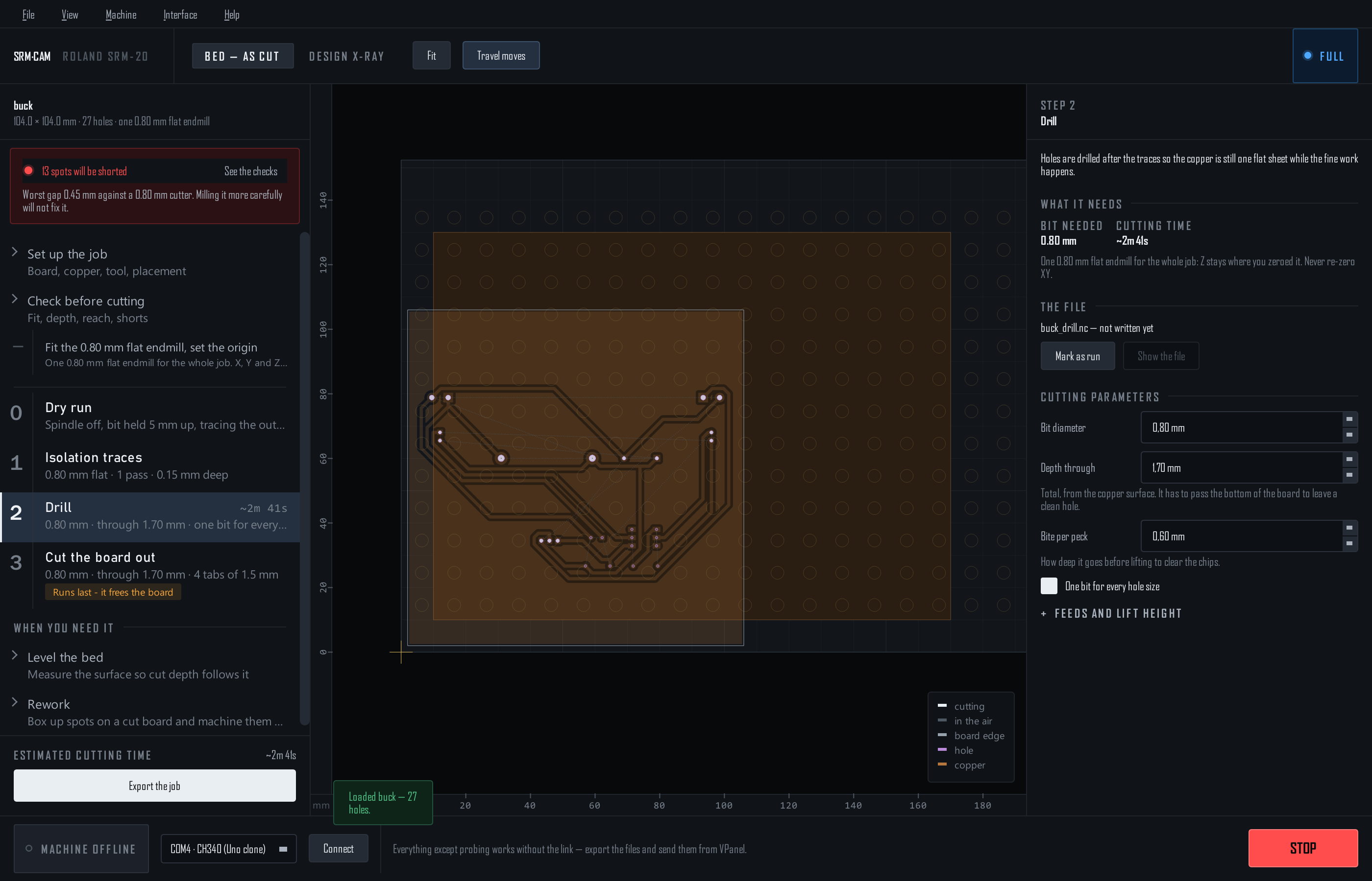 The drill step selected: its toolpath on the bed and its page on the right