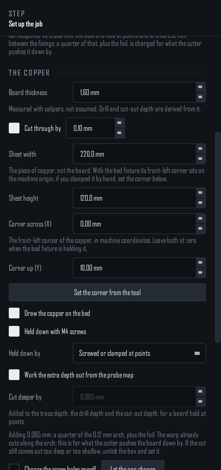 The copper section of the setup page: the sheet, the screws, how it is held and the extra depth