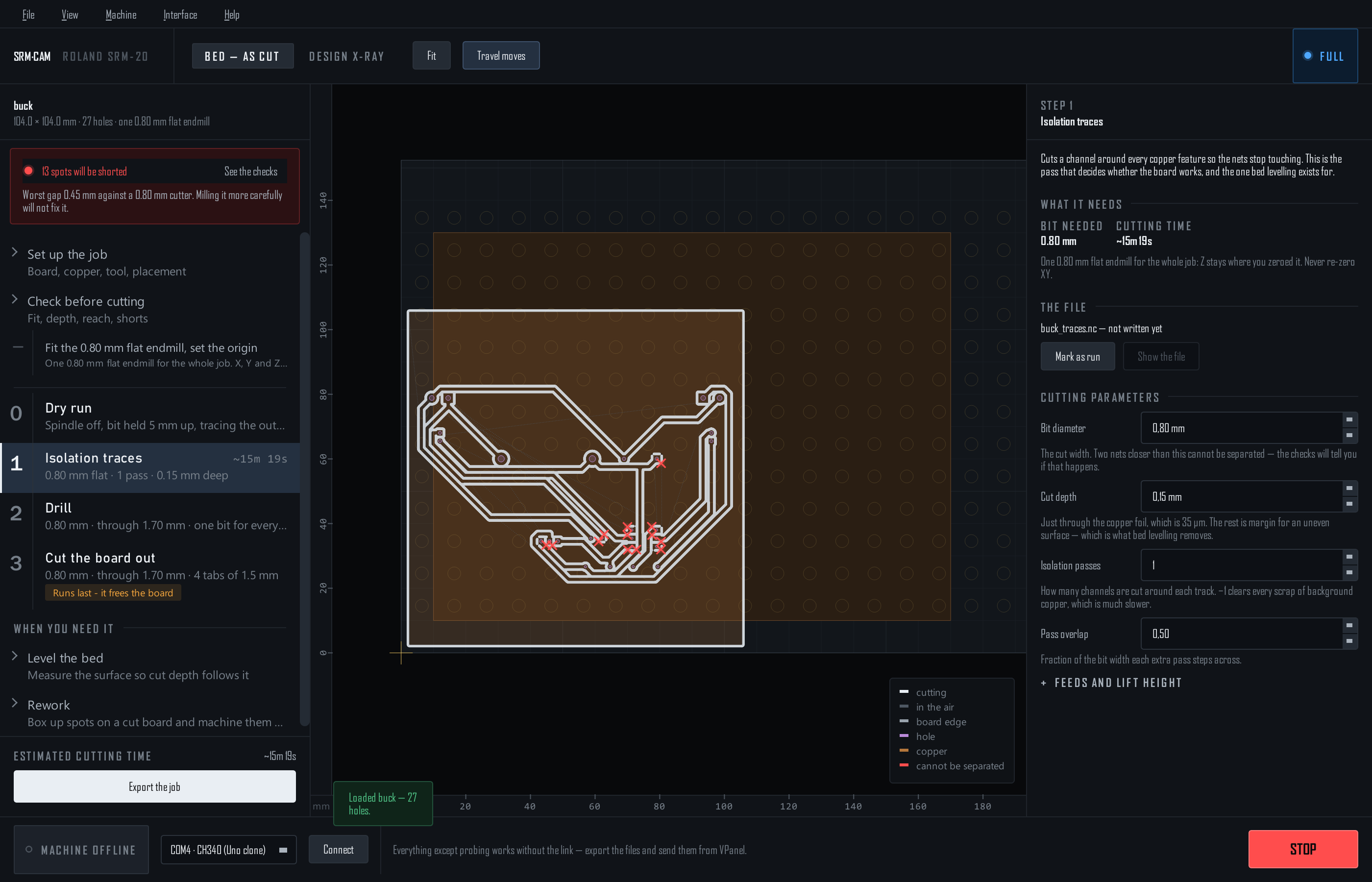 The SRM-CAM window: run plan on the left, the bed in the middle, the selected step on the right